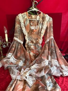Gunne Sax Style Lace-Trim Flowing Maxi Dress in Rust and Taupe